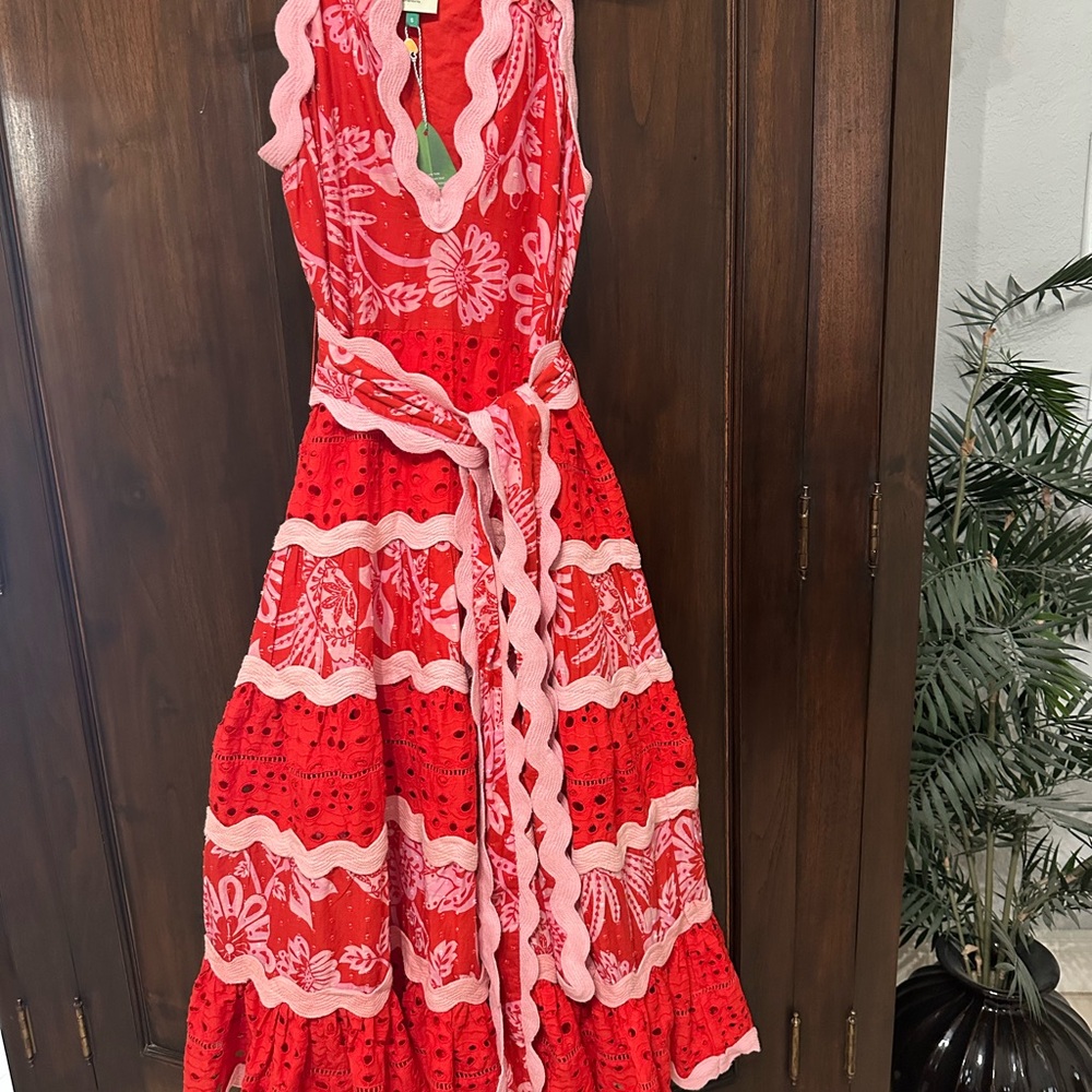 NWT FARM RIO RED/PINK FLOWERFUL BIRDS EYELET DRESS